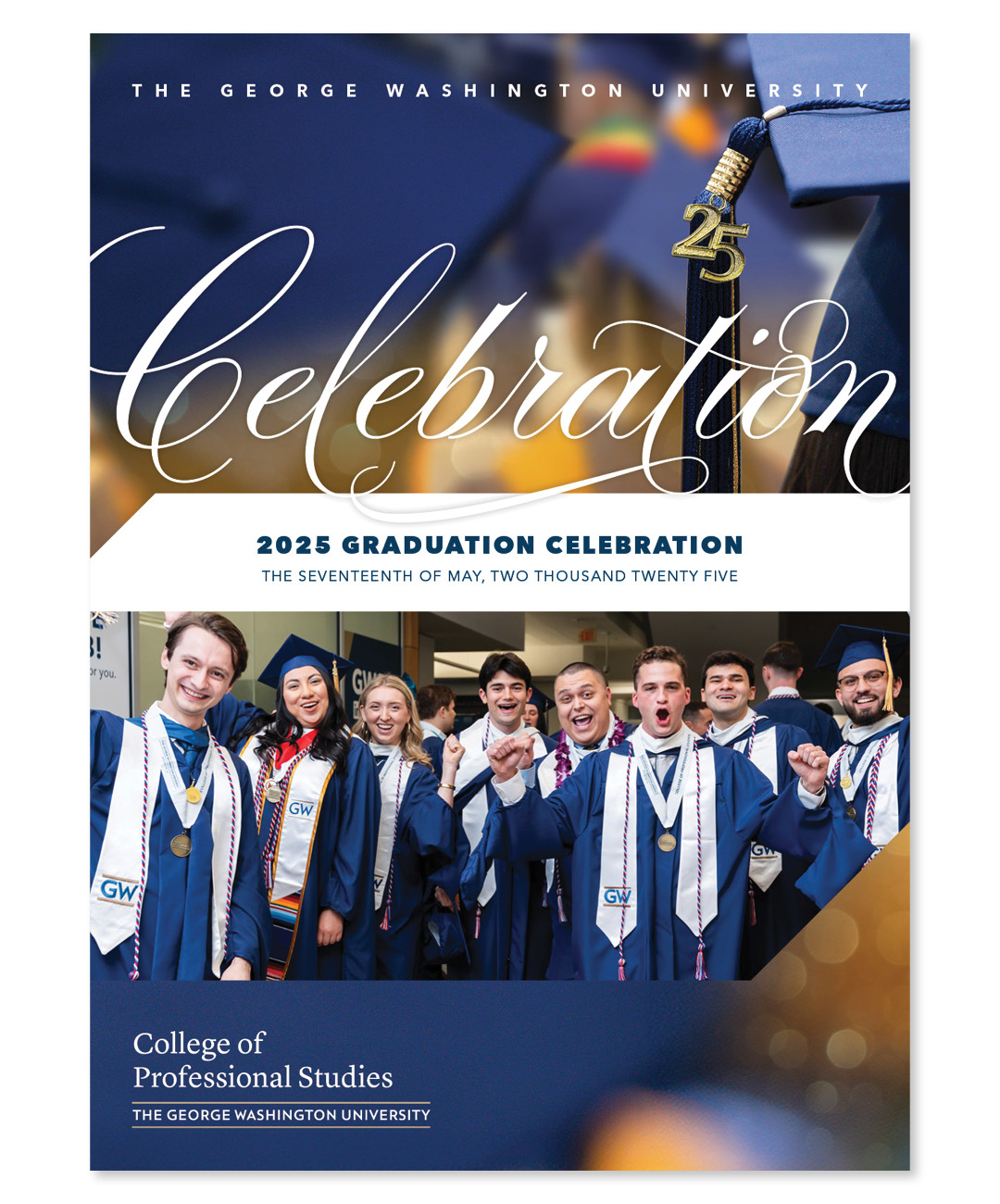 Program for the 2025 College of Professional Studies Celebration May 17, 2025, photo of students in caps and gowns