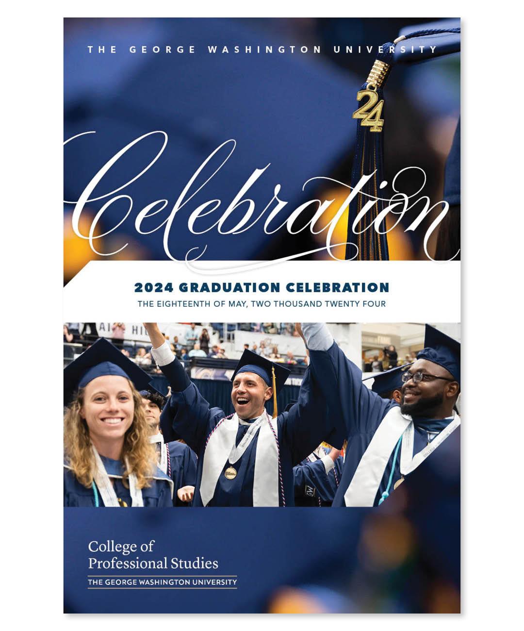 Celebration program cover with GW blue and happy graduates in regalia